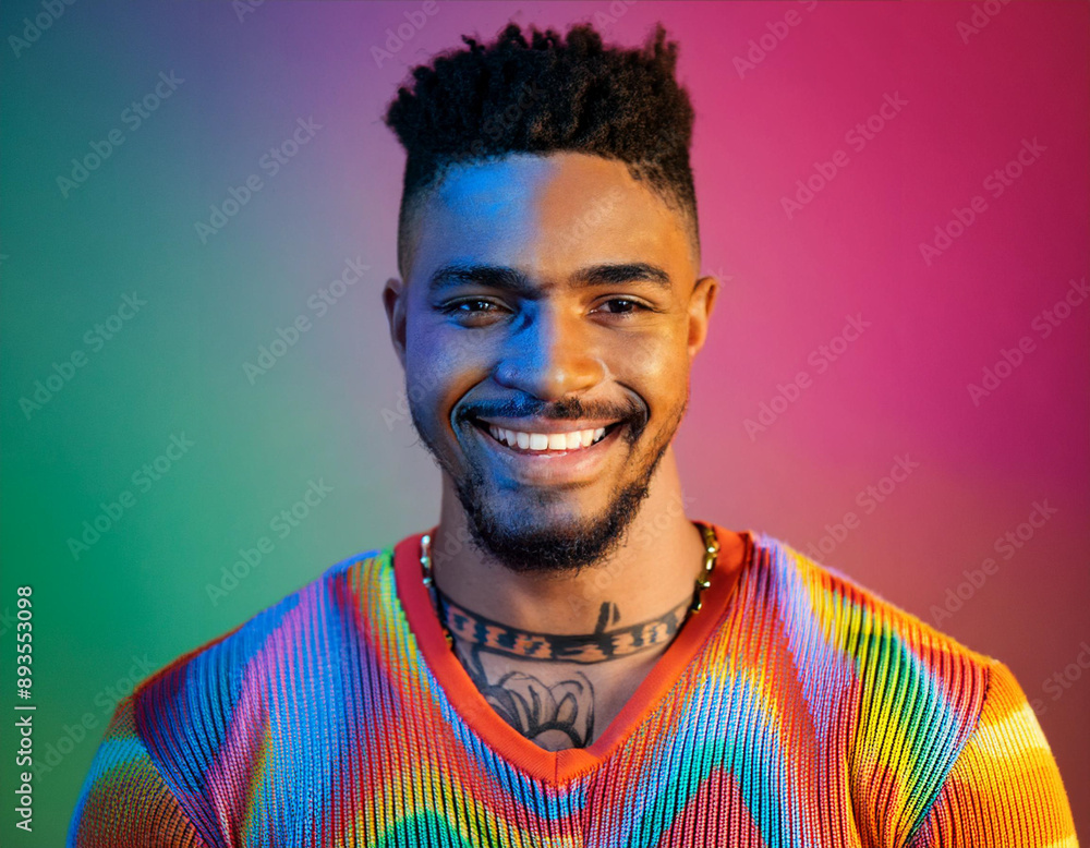 Fototapeta premium Psychedelic Portrait of a Giggling Man with Tattoos: Celebrating LGBT Pride and Self-Expression