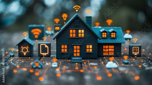 Technology Smart home with connected devices and digital icons Glowing house with symbolism	