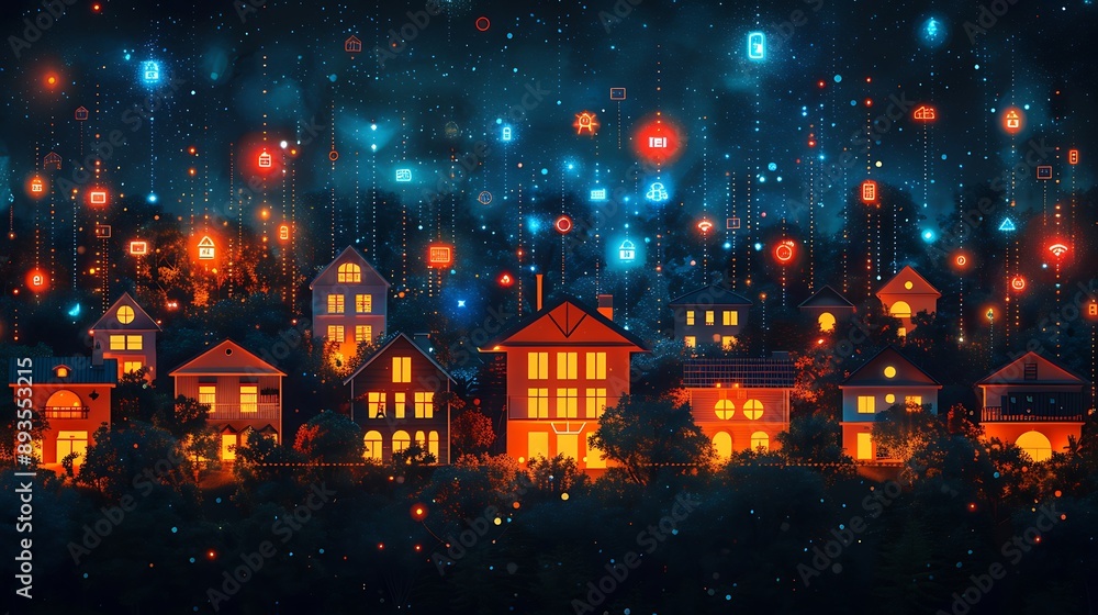 Technology Smart home with connected devices and digital icons Glowing house with symbolism Technology Smart home with connected devices and digital icons Glowing house with symbolism
