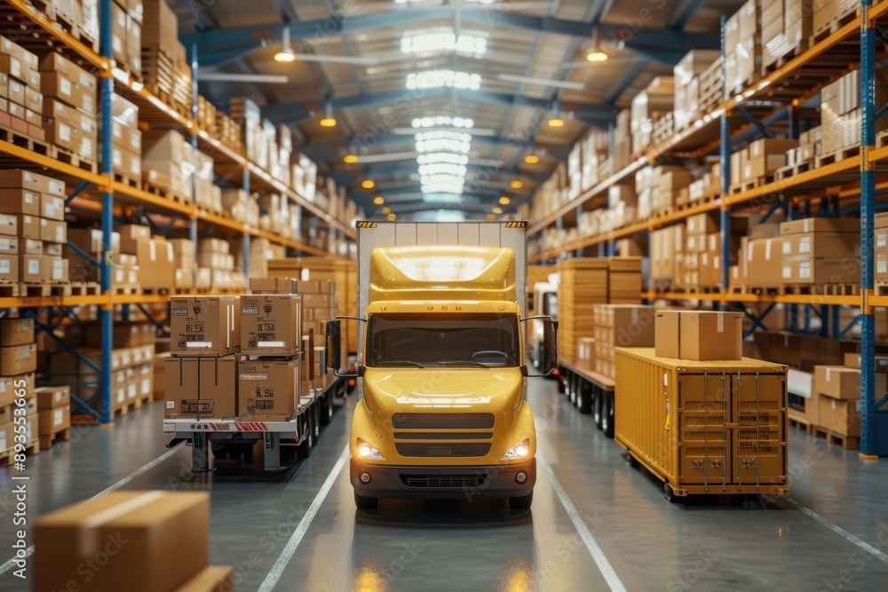 A yellow delivery truck is prominently placed in a massive warehouse, surrounded by shelves filled with cardboard boxes, highlighting a busy logistics environment. A yellow delivery truck is prominently placed in a massive warehouse, surrounded by shelves filled with cardboard boxes, highlighting a busy logistics environment.