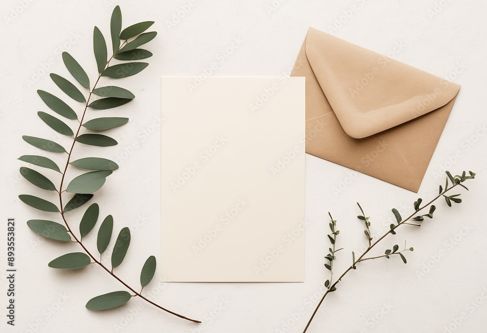 Simple Invitation Mockup: Blank Card and Envelope with Eucalyptus Accents Simple Invitation Mockup: Blank Card and Envelope with Eucalyptus Accents