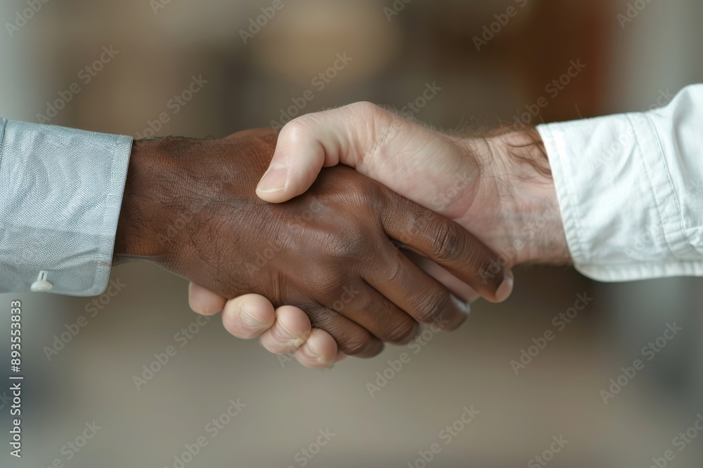 This image depicts a close-up of a handshake between a person with dark skin and a person with light skin, symbolizing intercultural teamwork and unity in a professional setting. This image depicts a close-up of a handshake between a person with dark skin and a person with light skin, symbolizing intercultural teamwork and unity in a professional setting.