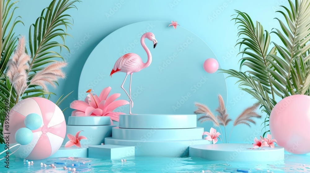 3D render of podium displays on a summer sea ocean background with pink flamingo and beach ball. 3D render of podium displays on a summer sea ocean background with pink flamingo and beach ball.