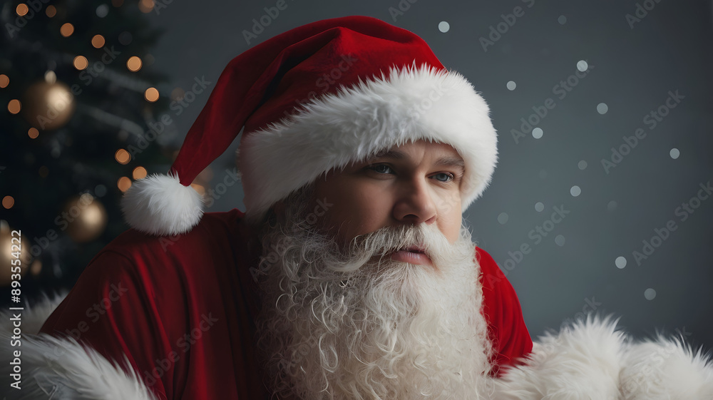 Santa Claus sitting thoughtfully by a Christmas tree, festive holiday magic, Christmas season, jolly and cozy winter mood Santa Claus sitting thoughtfully by a Christmas tree, festive holiday magic, Christmas season, jolly and cozy winter mood