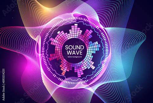 Colorful vibrant gradient curve sound waves, radial music sound equalizer, vector electronic background with blur flares