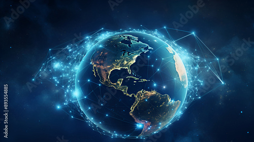 From space, a visual representation of Earth shows lit-up network connections that illustrate themes of technological communication and data sharing, against the cosmic setting of a starry sky.