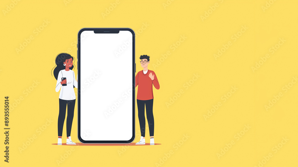Two people standing next to a large smartphone on a yellow background, representing a mobile app concept with copy space Two people standing next to a large smartphone on a yellow background, representing a mobile app concept with copy space
