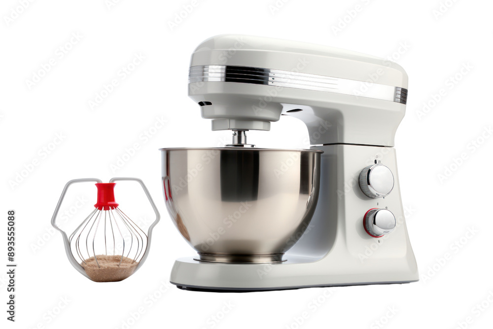 modern electric stand mixer with various attachments, ready to whip up delicious creations. Isolated on white background modern electric stand mixer with various attachments, ready to whip up delicious creations. Isolated on white background