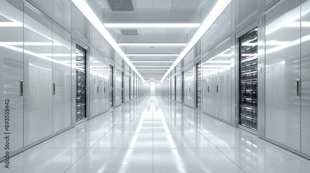 Fototapeta premium modern futuristic interior of a high-tech server room with huge data volumes, data center, white color palette