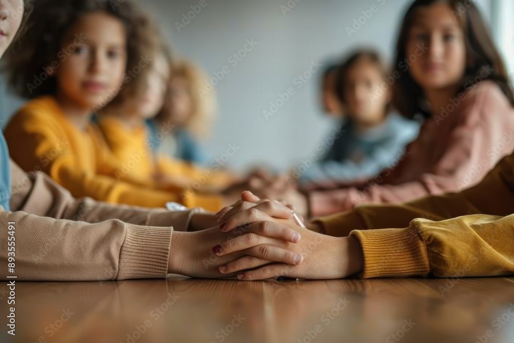 A line of children sitting with their hands held together in a friendly and inclusive manner, symbolizing unity, friendship, and youth in a casual environment. A line of children sitting with their hands held together in a friendly and inclusive manner, symbolizing unity, friendship, and youth in a casual environment.