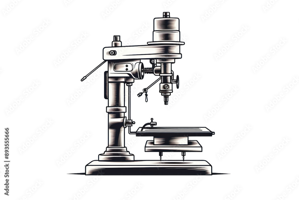 minimalist line drawing of a drill press with a chuck, table, and column, isolated on a white background. minimalist line drawing of a drill press with a chuck, table, and column, isolated on a white background.
