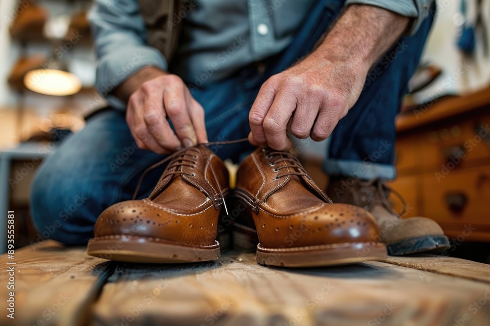 man repairing shoes at home. changing shoelaces. giving old clothes new life. ai generated man repairing shoes at home. changing shoelaces. giving old clothes new life. ai generated