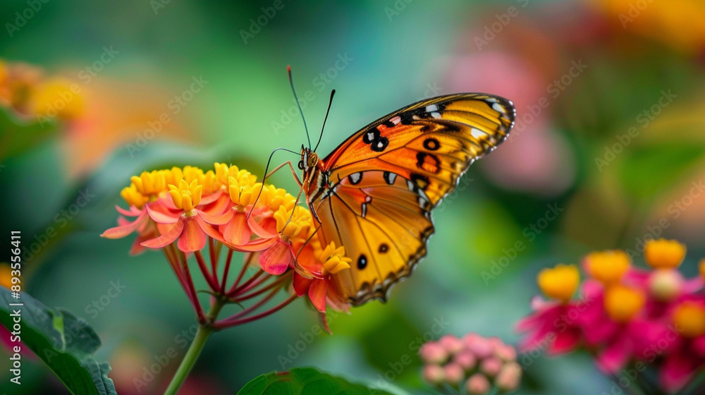 A close-up of a butterfly on a colorful flower. A close-up of a butterfly on a colorful flower.