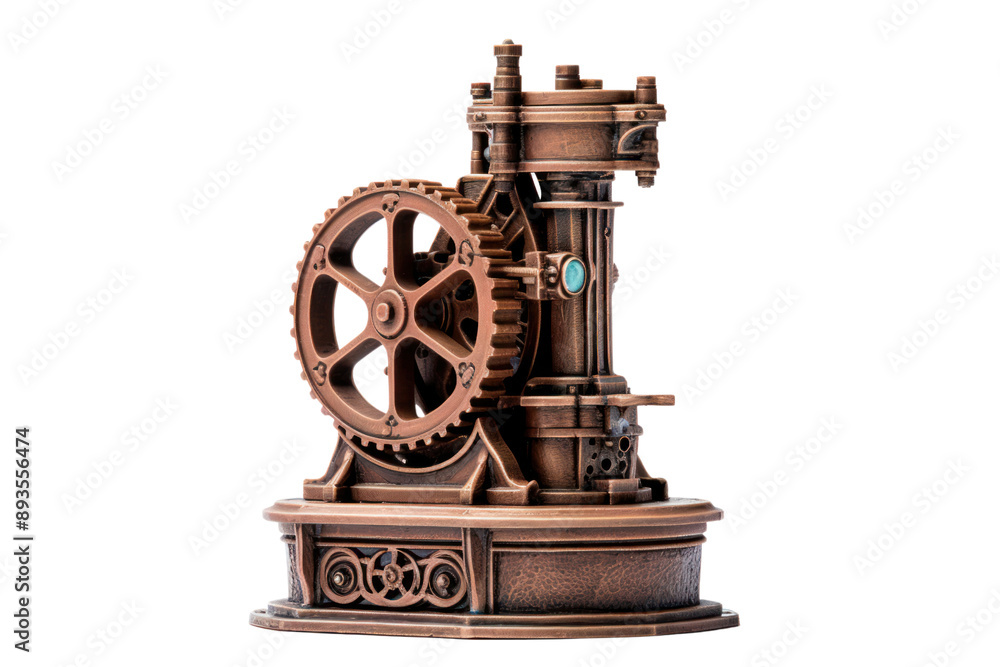 Fototapeta premium miniature water pump, delicately crafted and detailed, perched on a white background, highlighting its intricate design.