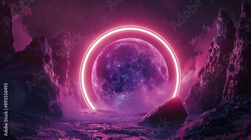 Abstract portal stone gate with neon glowing light in a dark cosmic landscape. photo