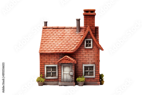 miniature brick house with intricate details and a tiny chimney, isolated on white background