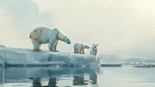 A family of polar bears on an ice floe. photo