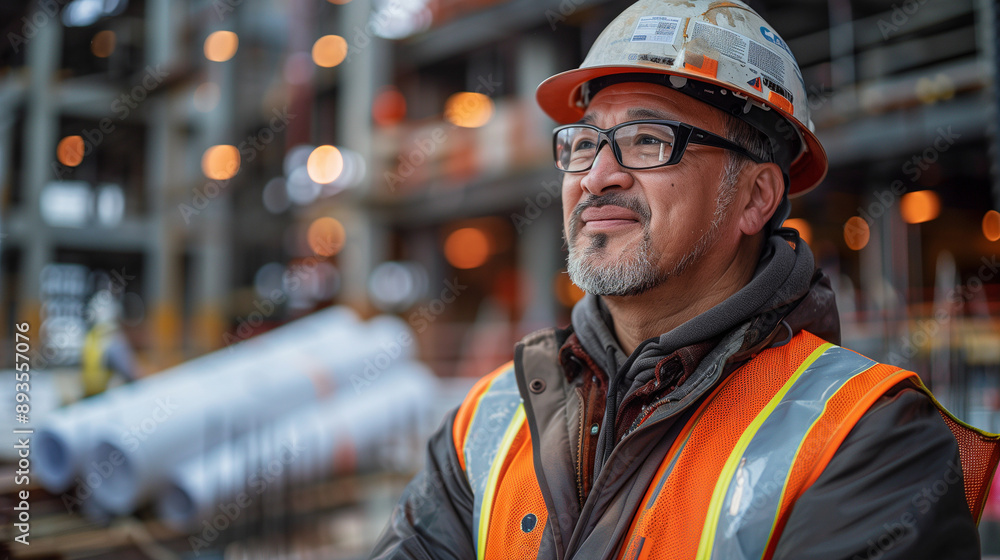 construction architect with hard hat and safety vest, overseeing building project on site, smiling confidently in industrial environment construction architect with hard hat and safety vest, overseeing building project on site, smiling confidently in industrial environment