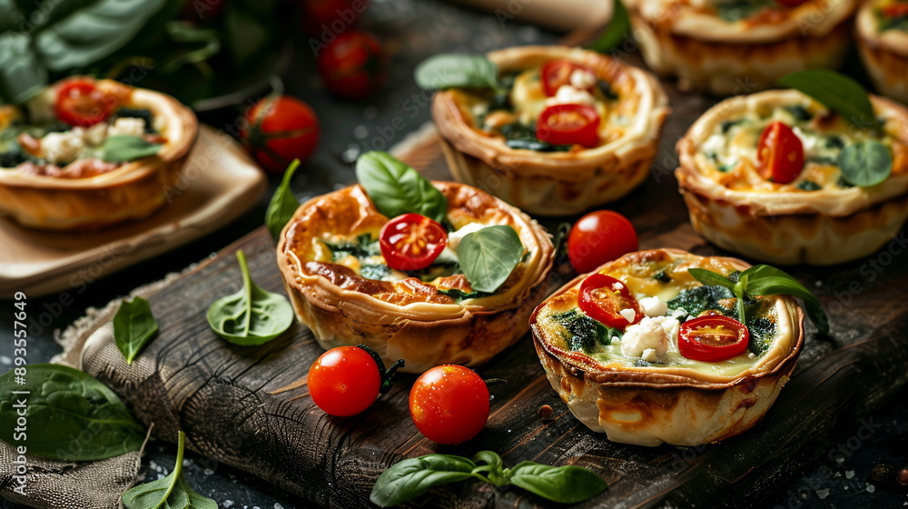 A tray of mini quiches with spinach and feta cheese, garnished with cherry tomatoes and fresh herbs, served as appetizers for a holiday gathering. Festive atmosphere of Christmas and New Year A tray of mini quiches with spinach and feta cheese, garnished with cherry tomatoes and fresh herbs, served as appetizers for a holiday gathering. Festive atmosphere of Christmas and New Year