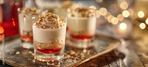 A tray of Scottish cranachan dessert cocktails, blending whisky, cream, honey, and toasted oats. Festive atmosphere of Christmas and New Year photo