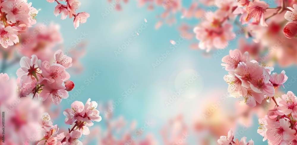 A closeup of delicate pink blossoms framing a soft blue sky creating a beautiful and serene spring scene A closeup of delicate pink blossoms framing a soft blue sky creating a beautiful and serene spring scene