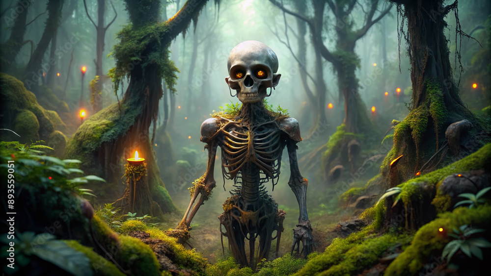 Fototapeta premium Eerie, glowing-eyed alien skeleton, entwined in misty foliage, wanders through a mysterious, dark forest, surrounded by ancient, gnarled trees and overgrown underbrush.