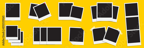 Set of polaroid vector photo frames yellow background. Template photo collage design.