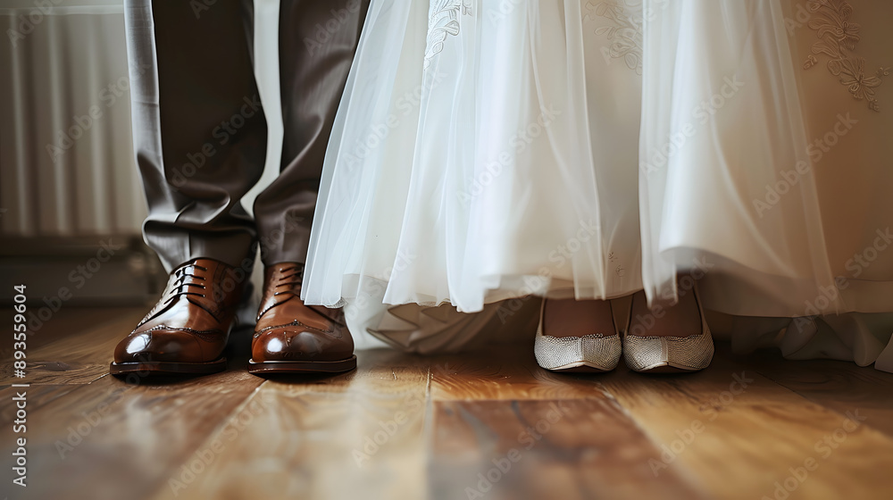 Close-up of a bride and groom's shoes on their wedding day, capturing elegance and togetherness in a special moment Close-up of a bride and groom's shoes on their wedding day, capturing elegance and togetherness in a special moment
