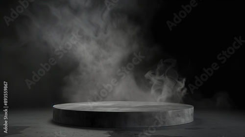 A black and white photo of a smoke-filled room with a gray square in the middle. The scene is dark and mysterious