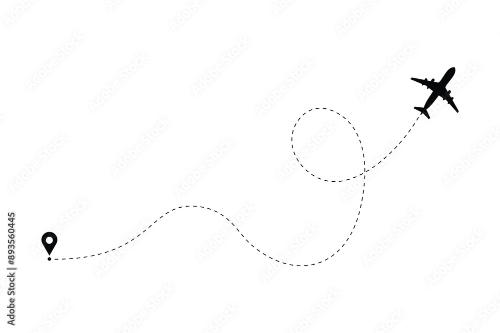 Airplane line path vector icon of air plane flight route with start point and dash line trace Airplane line path vector icon of air plane flight route with start point and dash line trace