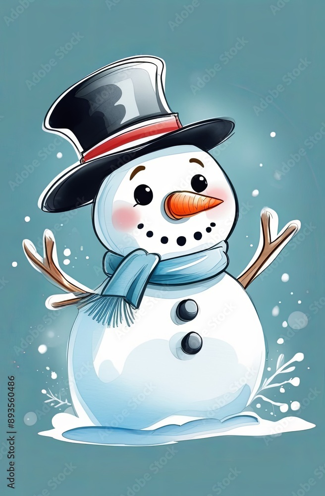 Snowman with hat and scarf, cartoon character, vector illustration. Merry christmas and happy new year celebrating card Snowman with hat and scarf, cartoon character, vector illustration. Merry christmas and happy new year celebrating card