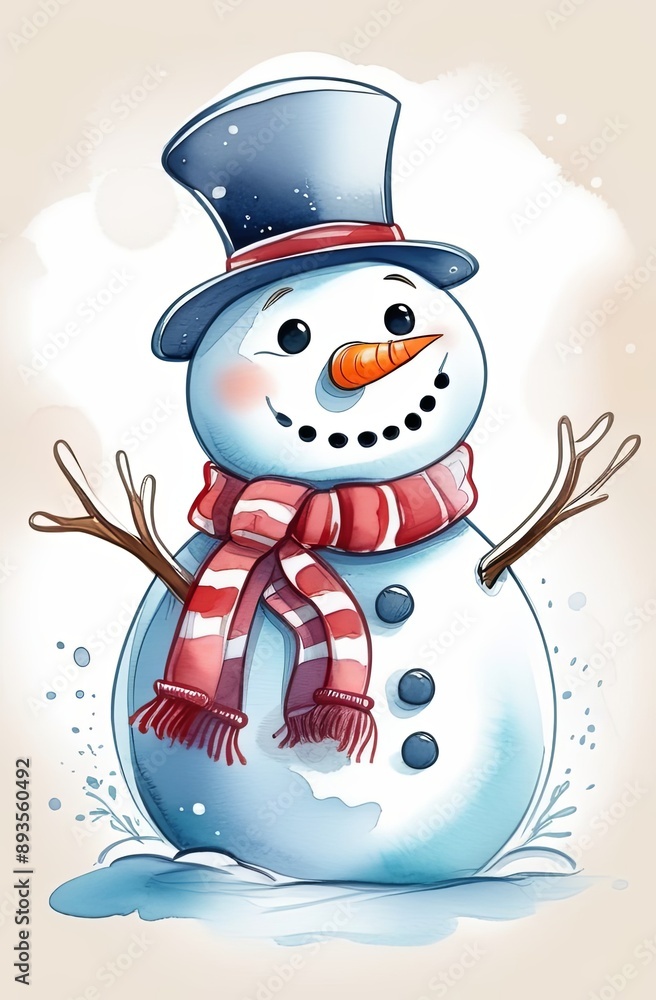 Snowman with hat and scarf, cartoon character, vector illustration. Merry christmas and happy new year celebrating card Snowman with hat and scarf, cartoon character, vector illustration. Merry christmas and happy new year celebrating card