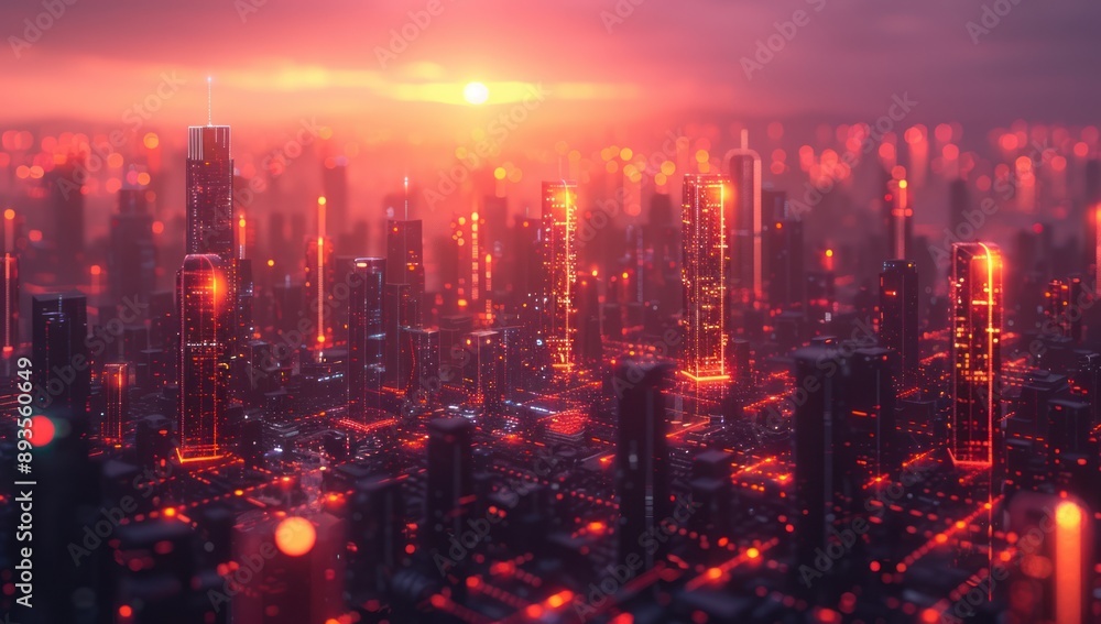 Fototapeta premium Neon Skyline Cityscape at Sunset