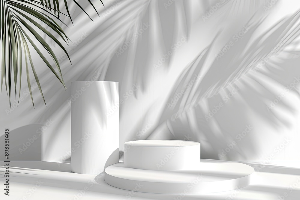 Abstract white 3D room with realistic white cylinder pedestal podium set and palm leaf shadow overlay. Minimal scene for product display presentation. Vector geometric platform. with generative ai Abstract white 3D room with realistic white cylinder pedestal podium set and palm leaf shadow overlay. Minimal scene for product display presentation. Vector geometric platform. with generative ai