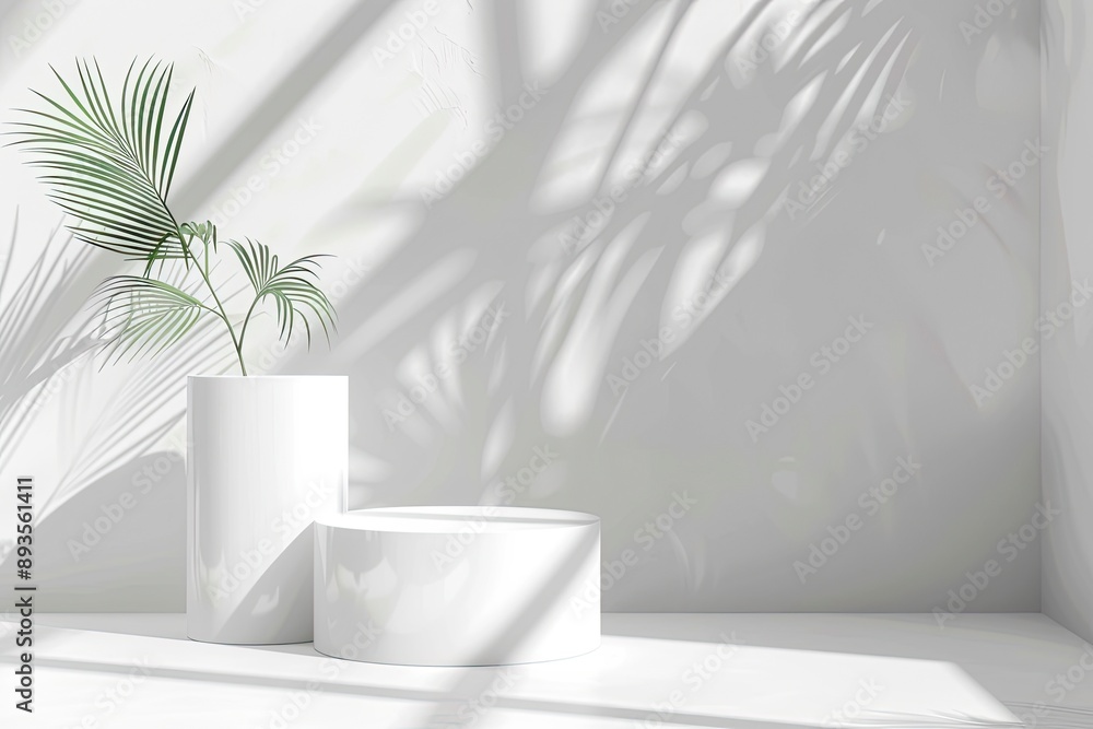 Abstract white 3D room with realistic white cylinder pedestal podium set and palm leaf shadow overlay. Minimal scene for product display presentation. Vector geometric platform. with generative ai Abstract white 3D room with realistic white cylinder pedestal podium set and palm leaf shadow overlay. Minimal scene for product display presentation. Vector geometric platform. with generative ai
