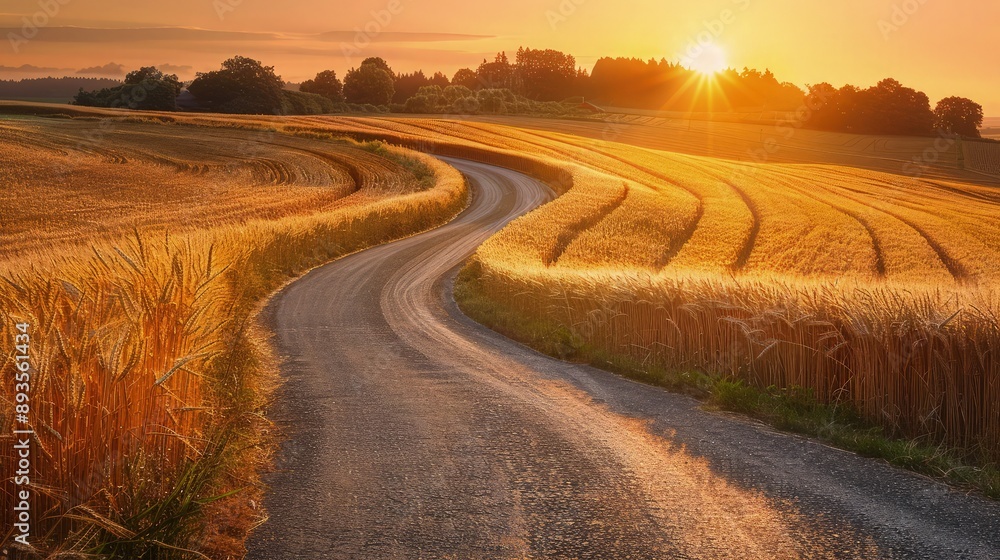 A winding road in late summer, framed by fields of mature golden wheat ready for harvest. The setting sun casts a warm, golden light, highlighting the road and the golden fields. A winding road in late summer, framed by fields of mature golden wheat ready for harvest. The setting sun casts a warm, golden light, highlighting the road and the golden fields.