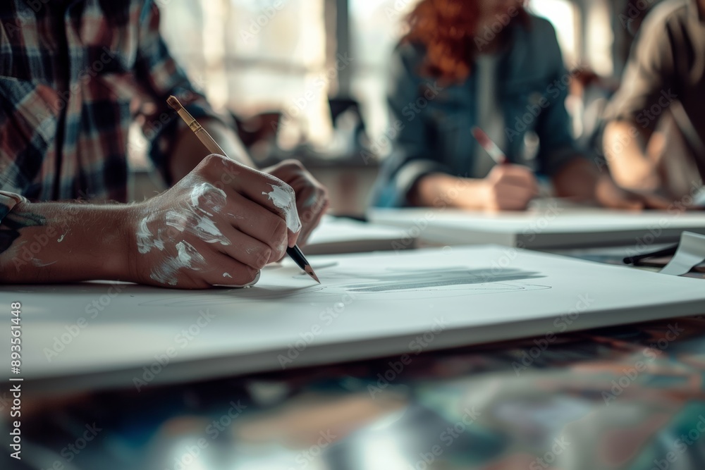 Close up of female designer drawing sketches in office. Selective focus. Close up of female designer drawing sketches in office. Selective focus.