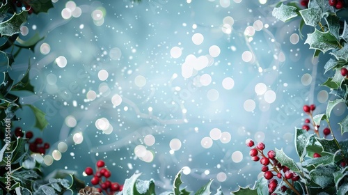 A wintry wreath of holly and evergreen branches, set against a bokeh background of icy blue and white lights, suggesting a festive winter holiday atmosphere.