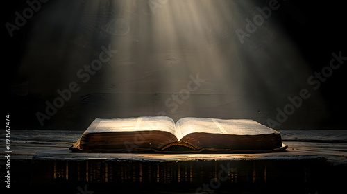 A scene where the pages of an old Bible are placed on an open desk
