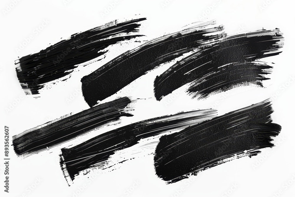 Abstract black paint, dye shapes and lines on a white background, top view of sponge roller Abstract black paint, dye shapes and lines on a white background, top view of sponge roller