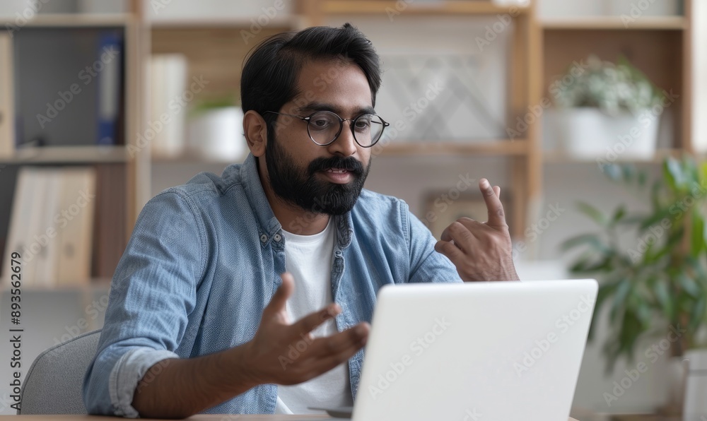 Indian businessman wearing glasses talking with clients and sitting at a desk with a laptop in front of him Indian businessman wearing glasses talking with clients and sitting at a desk with a laptop in front of him