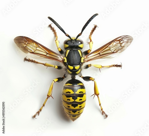 Vespula vulgaris, a common wasp, viewed from the top, isolated against a white background