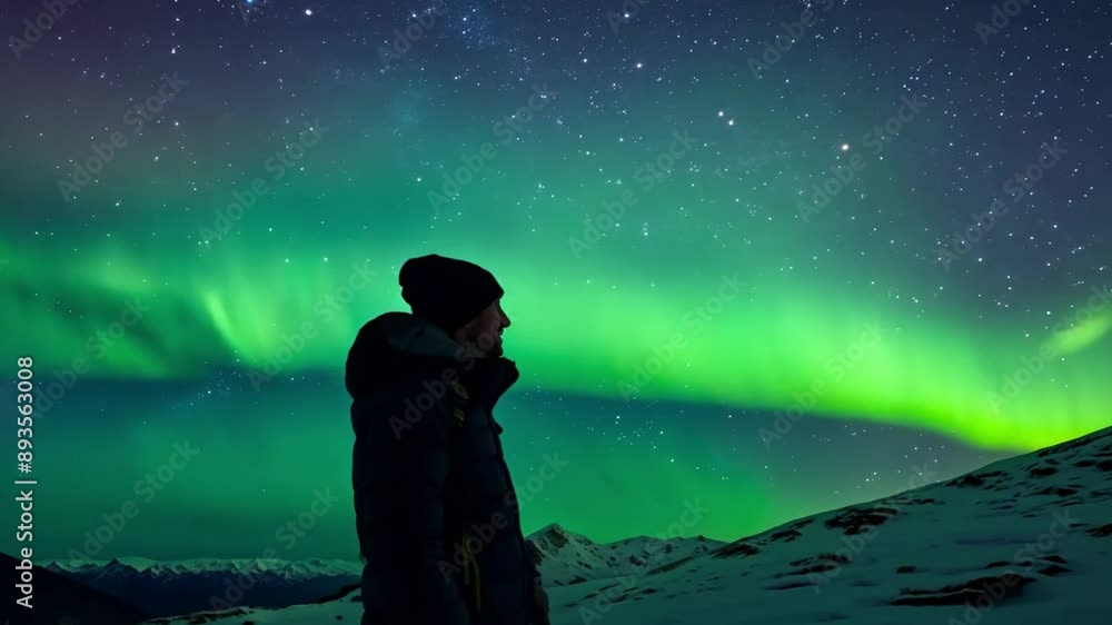 Traveler Walking on the Mountain Peak Exploring Northern Lights Snowy Landscape Discover the Adventure Traveler Walking on the Mountain Peak Exploring Northern Lights Snowy Landscape Discover the Adventure