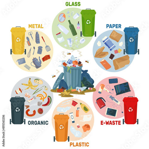 Waste segregation concept. Sorting and recycling garbage by material and type in colored trash cans. Bins with recycling symbols Vector illustration for zero waste, environment protection infographic