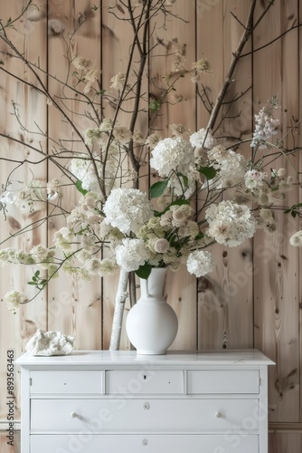 White hydrangea flowers in vase on white chest of drawers