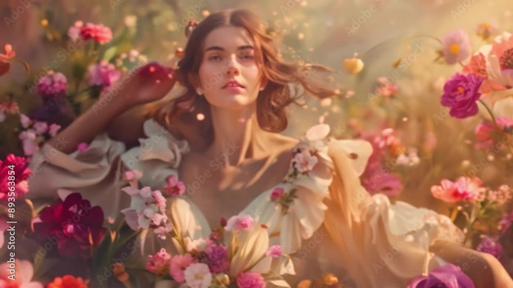 Portrait of a radiant woman in a floral dress, surrounded by blooming flowers, symbolizing natural beauty and grace Portrait of a radiant woman in a floral dress, surrounded by blooming flowers, symbolizing natural beauty and grace