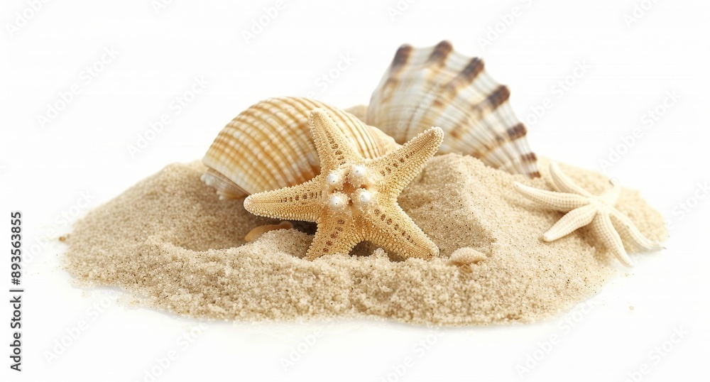 Shells and starfish on white background, isolated on a sand pile Shells and starfish on white background, isolated on a sand pile