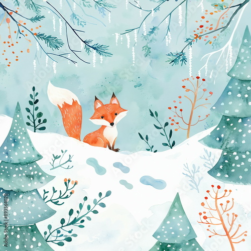 A red fox sits on a snowy hill, a winter forest scene. watercolour cute and cozy illustration for xmas and happy new year postcard, banner, poster, winter season background, children's book