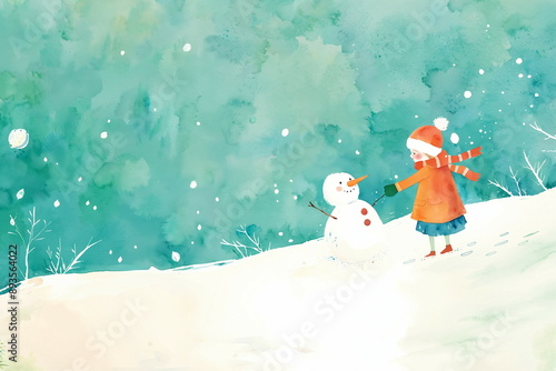 A young girl in an orange coat and red hat is building a snowman on a snowy hill, watercolour cute and cozy illustration for xmas and happy new year postcard, banner, poster, winter season background