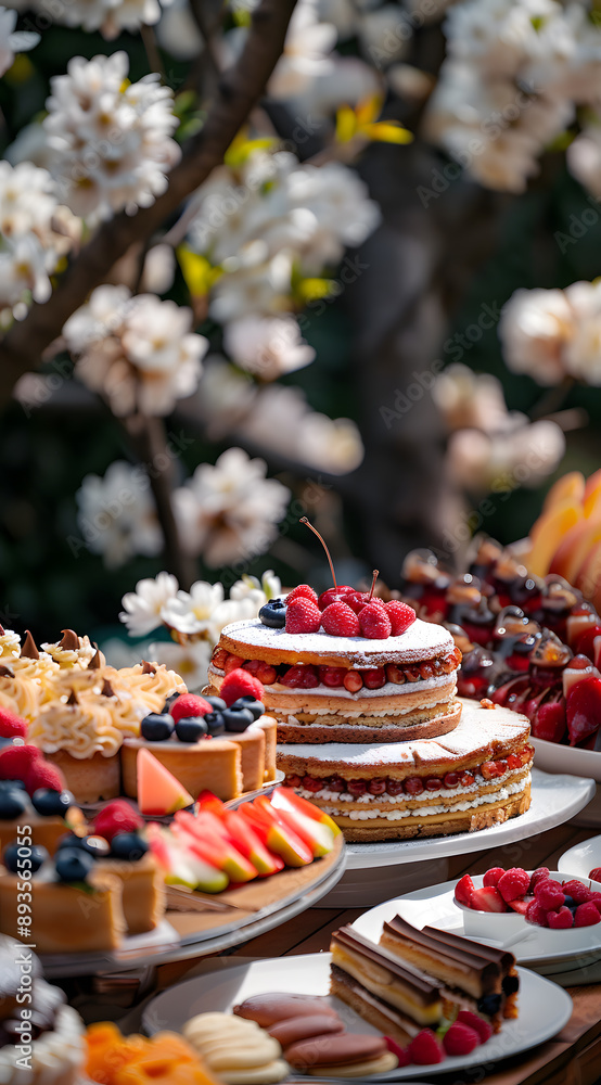 A lovely afternoon tea dessert table, with layered cakes and fruits on the left side of the picture, arranged in layers from bottom to top. A lovely afternoon tea dessert table, with layered cakes and fruits on the left side of the picture, arranged in layers from bottom to top.